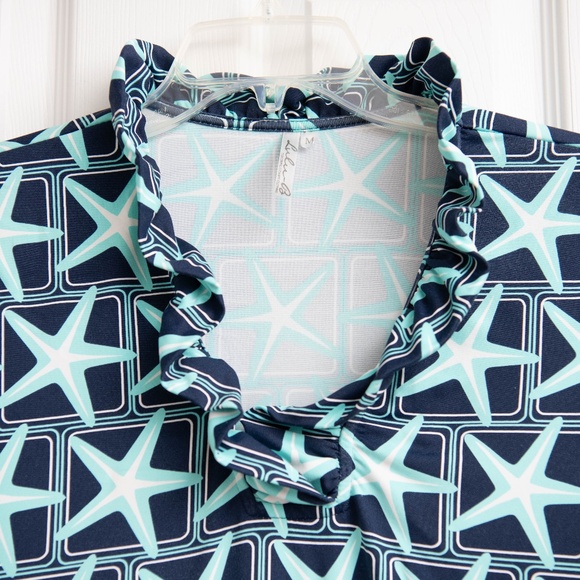 LULU B Size M Blue Starfish Print Ruffle Collar Long 3/4 Sleeve UPF 50 Active - Picture 2 of 4